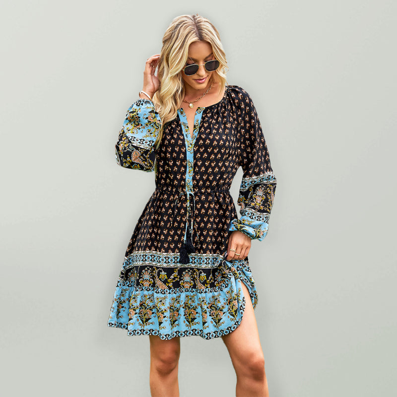 Crew Neck Long Sleeve Boho Print Dress BLUE ZONE PLANET