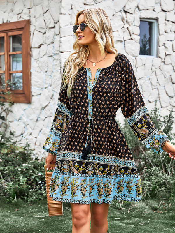 Crew Neck Long Sleeve Boho Print Dress BLUE ZONE PLANET