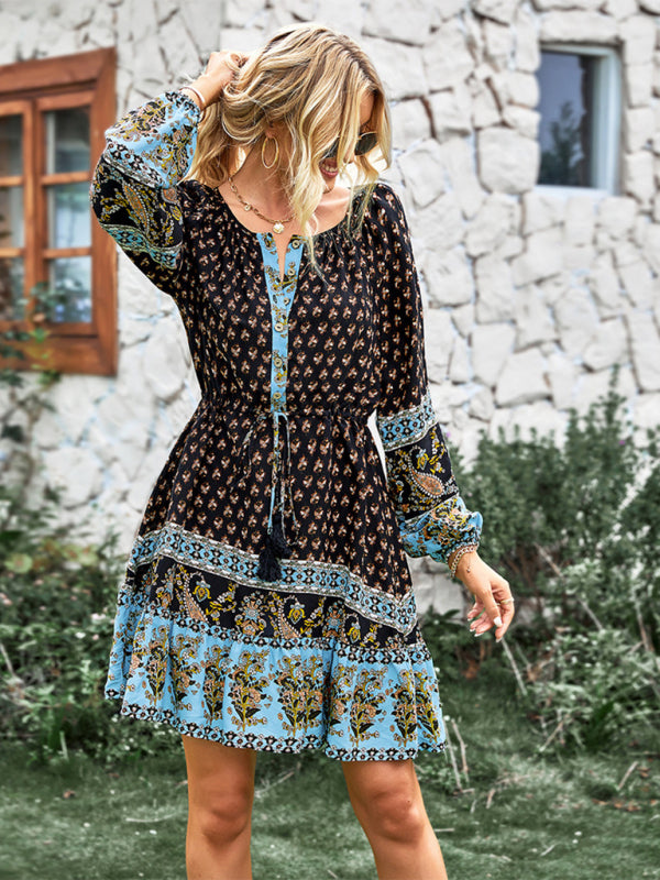 Crew Neck Long Sleeve Boho Print Dress BLUE ZONE PLANET