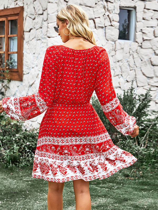 Women's Crew Neck Long Sleeve Boho Print Dress kakaclo