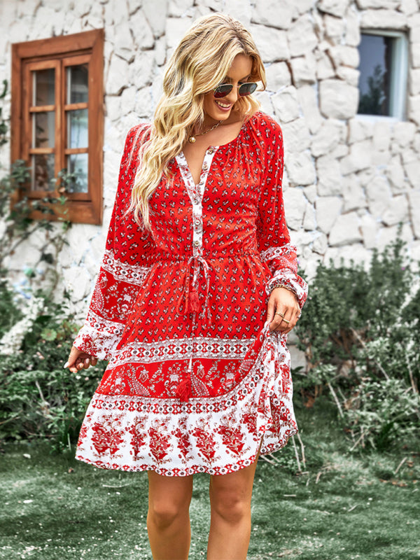 Women's Crew Neck Long Sleeve Boho Print Dress kakaclo