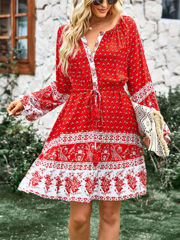 Women's Crew Neck Long Sleeve Boho Print Dress kakaclo