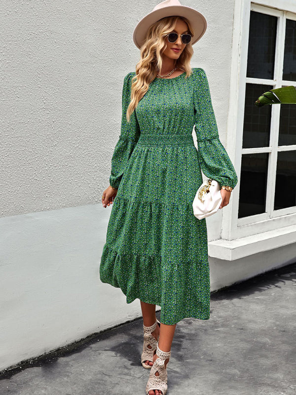 Crew Neck Long Sleeve Boho Print Dress BLUE ZONE PLANET