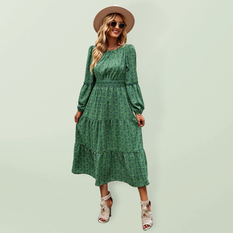 Crew Neck Long Sleeve Boho Print Dress BLUE ZONE PLANET