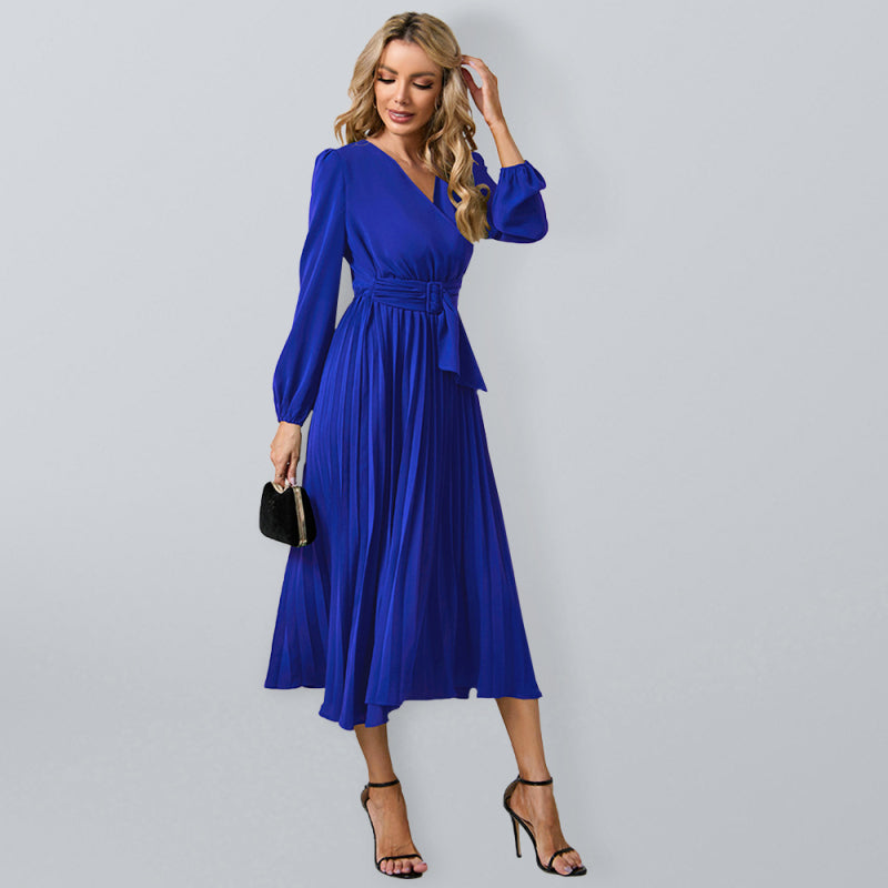 long sleeve slim pleated belt V-neck dress A-line skirt kakaclo