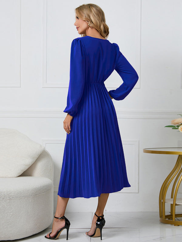 long sleeve slim pleated belt V-neck dress A-line skirt kakaclo