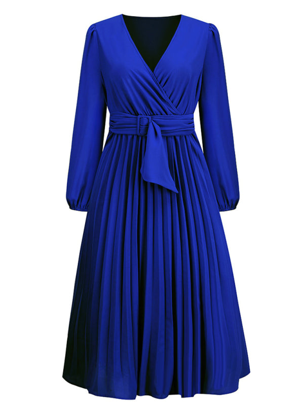 long sleeve slim pleated belt V-neck dress A-line skirt kakaclo