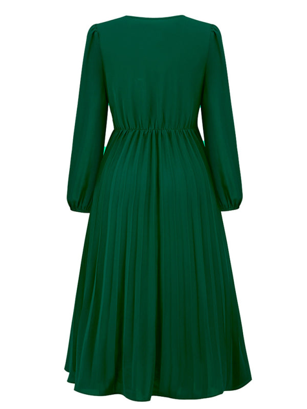 long sleeve slim pleated belt V-neck dress A-line skirt kakaclo