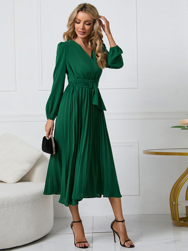 long sleeve slim pleated belt V-neck dress A-line skirt kakaclo