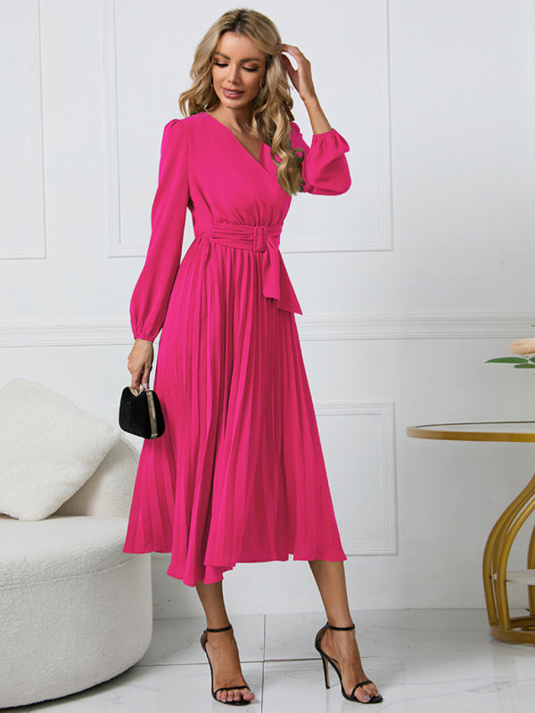 long sleeve slim pleated belt V-neck dress A-line skirt kakaclo