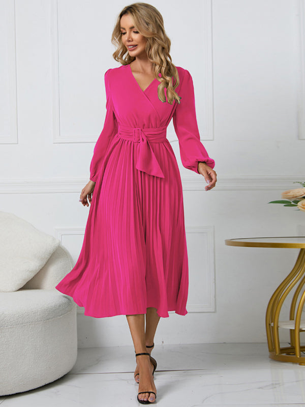 long sleeve slim pleated belt V-neck dress A-line skirt kakaclo