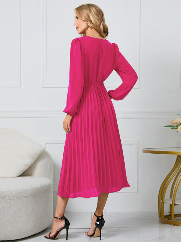 long sleeve slim pleated belt V-neck dress A-line skirt kakaclo