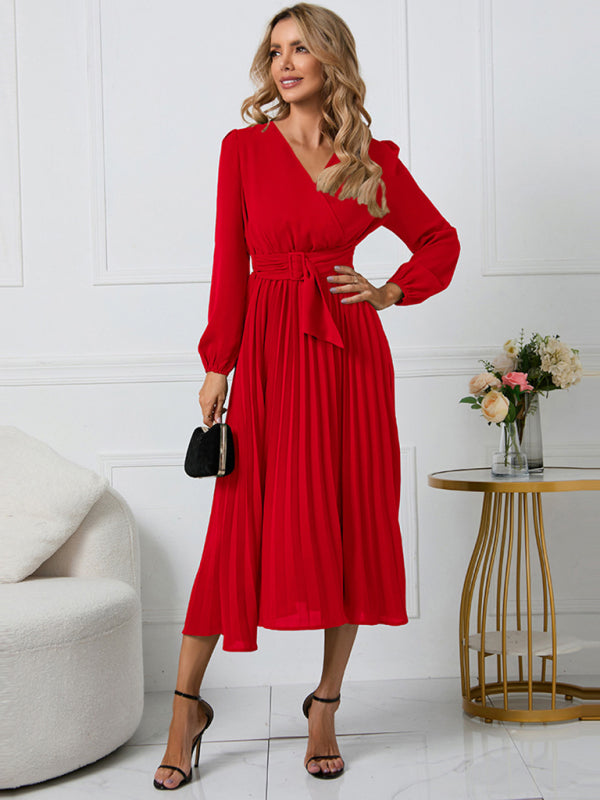 long sleeve slim pleated belt V-neck dress A-line skirt kakaclo