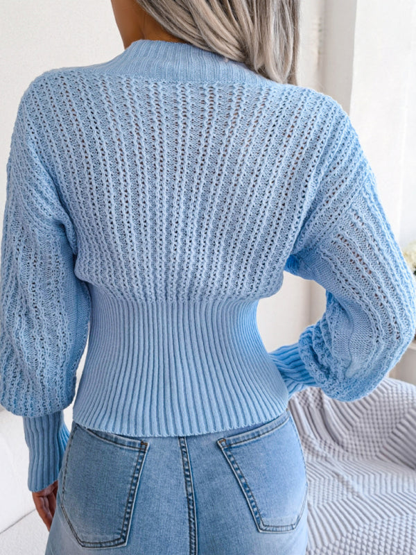 Blue Zone Planet | Hollow V-neck bat sleeve waist pullover sweater kakaclo