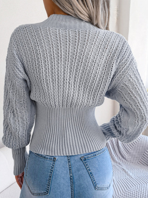 Blue Zone Planet | Hollow V-neck bat sleeve waist pullover sweater kakaclo