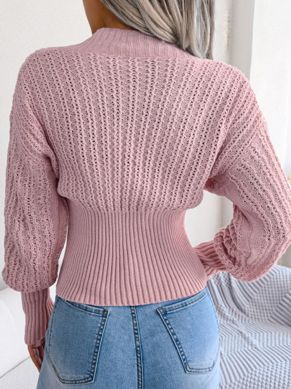 Blue Zone Planet | Hollow V-neck bat sleeve waist pullover sweater kakaclo