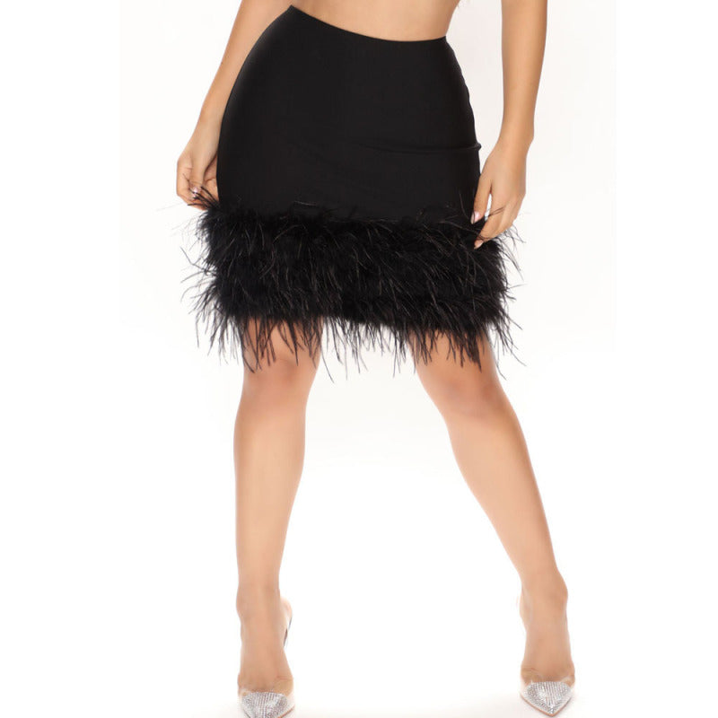 Women’s Bodycon Mini Skirt With Large Feather Hem-BOTTOMS SIZES SMALL MEDIUM LARGE-[Adult]-[Female]-2022 Online Blue Zone Planet