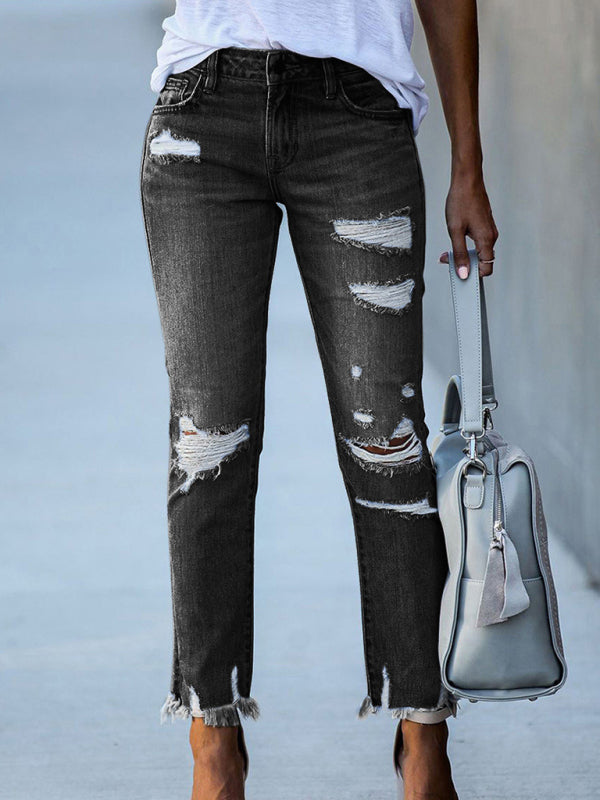 Blue Zone Planet |  Washed Frayed Tassel Jeans Slim High Elastic Small Feet Trousers kakaclo