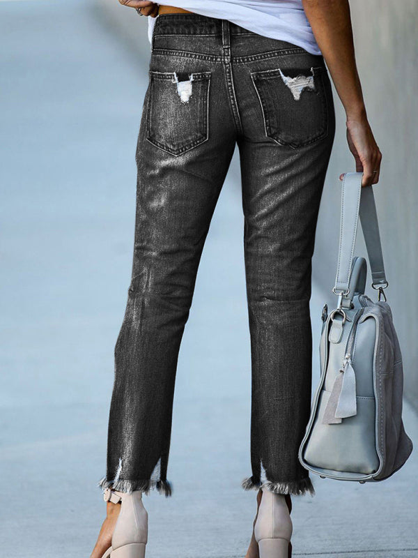 Blue Zone Planet |  Washed Frayed Tassel Jeans Slim High Elastic Small Feet Trousers kakaclo