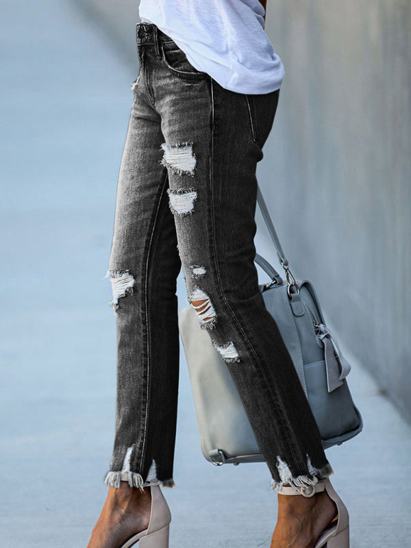 Blue Zone Planet |  Washed Frayed Tassel Jeans Slim High Elastic Small Feet Trousers kakaclo