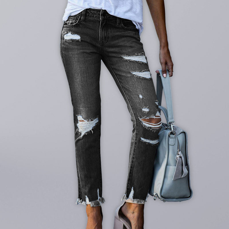 Blue Zone Planet |  Washed Frayed Tassel Jeans Slim High Elastic Small Feet Trousers kakaclo