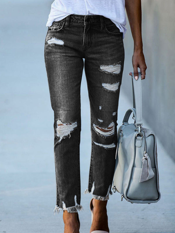 Blue Zone Planet |  Washed Frayed Tassel Jeans Slim High Elastic Small Feet Trousers kakaclo