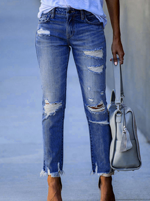 Blue Zone Planet |  Washed Frayed Tassel Jeans Slim High Elastic Small Feet Trousers kakaclo