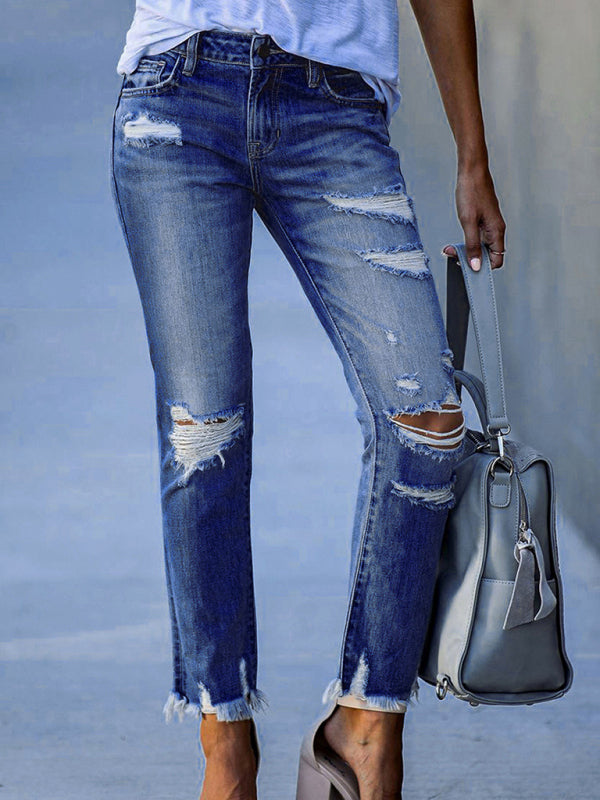 Blue Zone Planet |  Washed Frayed Tassel Jeans Slim High Elastic Small Feet Trousers kakaclo