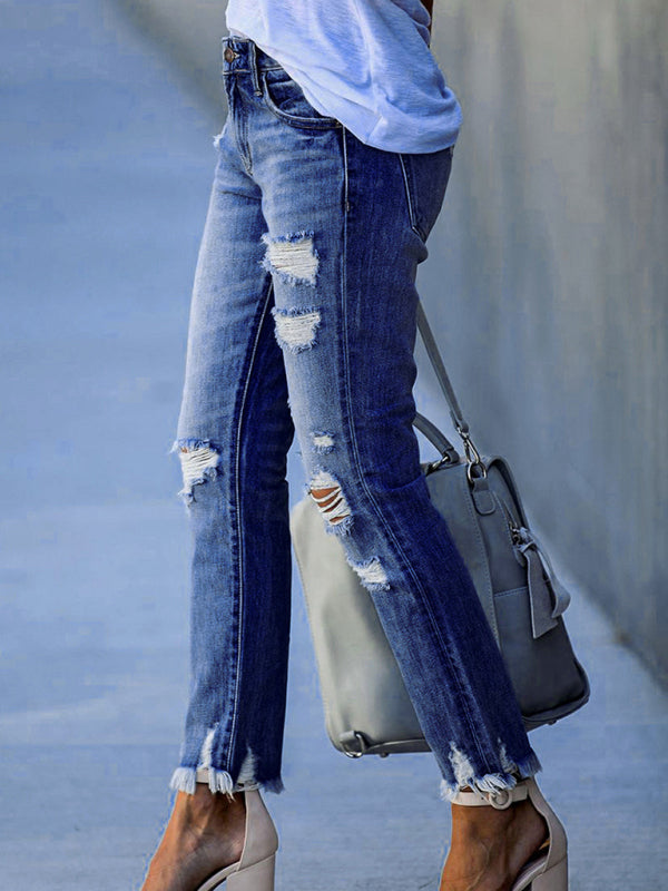 Blue Zone Planet |  Washed Frayed Tassel Jeans Slim High Elastic Small Feet Trousers kakaclo