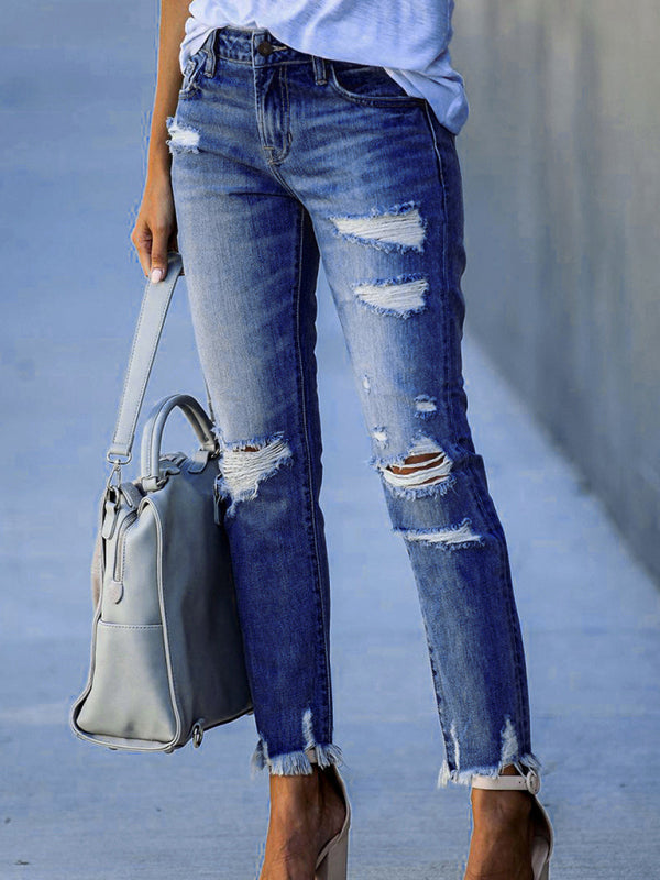 Blue Zone Planet |  Washed Frayed Tassel Jeans Slim High Elastic Small Feet Trousers kakaclo
