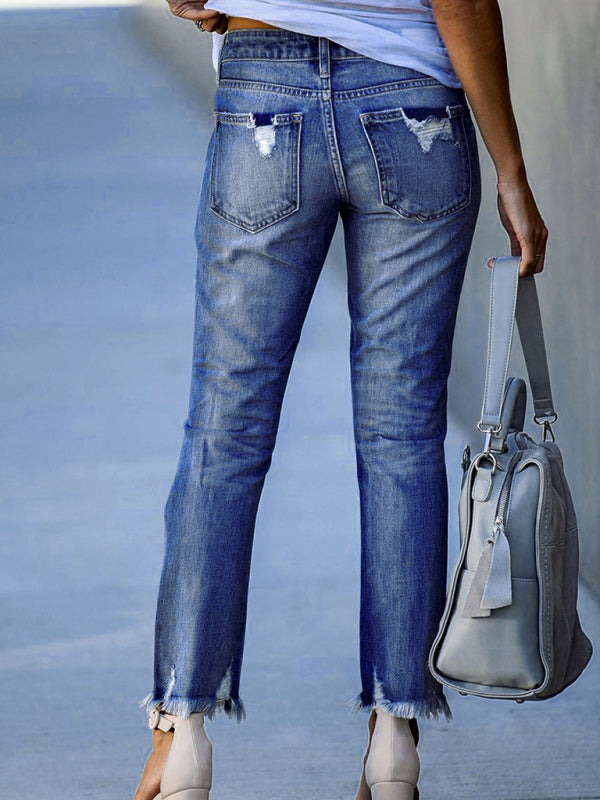 Blue Zone Planet |  Washed Frayed Tassel Jeans Slim High Elastic Small Feet Trousers kakaclo