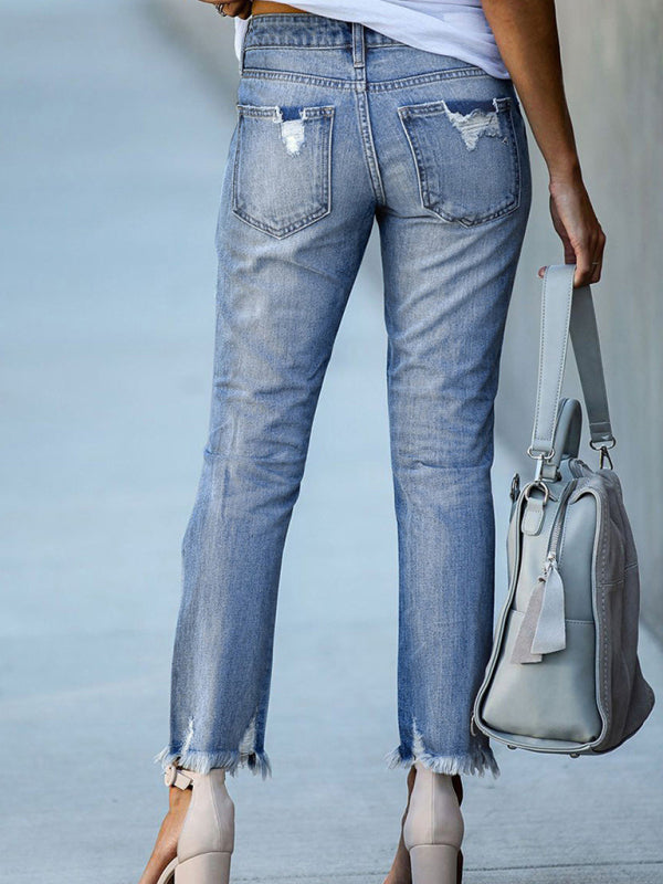 Blue Zone Planet |  Washed Frayed Tassel Jeans Slim High Elastic Small Feet Trousers kakaclo