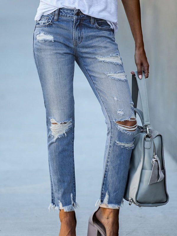 Blue Zone Planet |  Washed Frayed Tassel Jeans Slim High Elastic Small Feet Trousers kakaclo