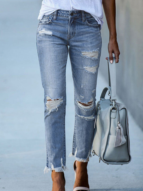 Blue Zone Planet |  Washed Frayed Tassel Jeans Slim High Elastic Small Feet Trousers kakaclo