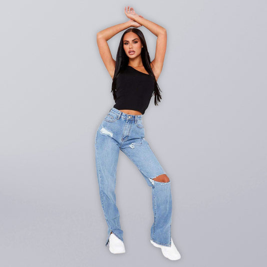 Blue Zone Planet |  Straight-leg mopping trousers ripped ankle slit flared jeans kakaclo