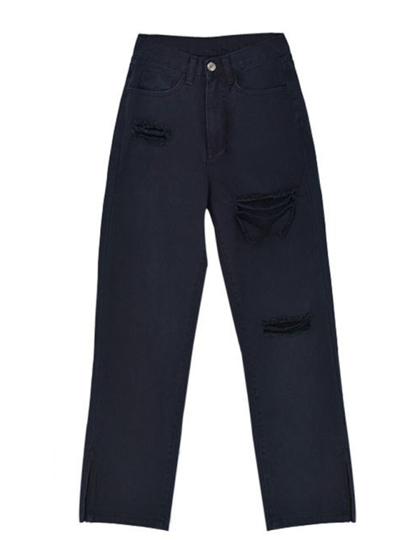 Blue Zone Planet |  Straight-leg mopping trousers ripped ankle slit flared jeans kakaclo