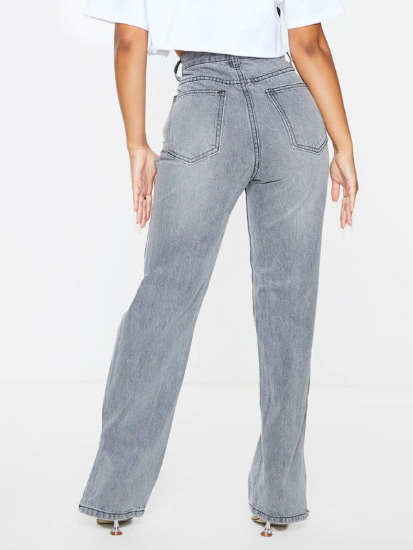 Blue Zone Planet |  Straight-leg mopping trousers ripped ankle slit flared jeans kakaclo