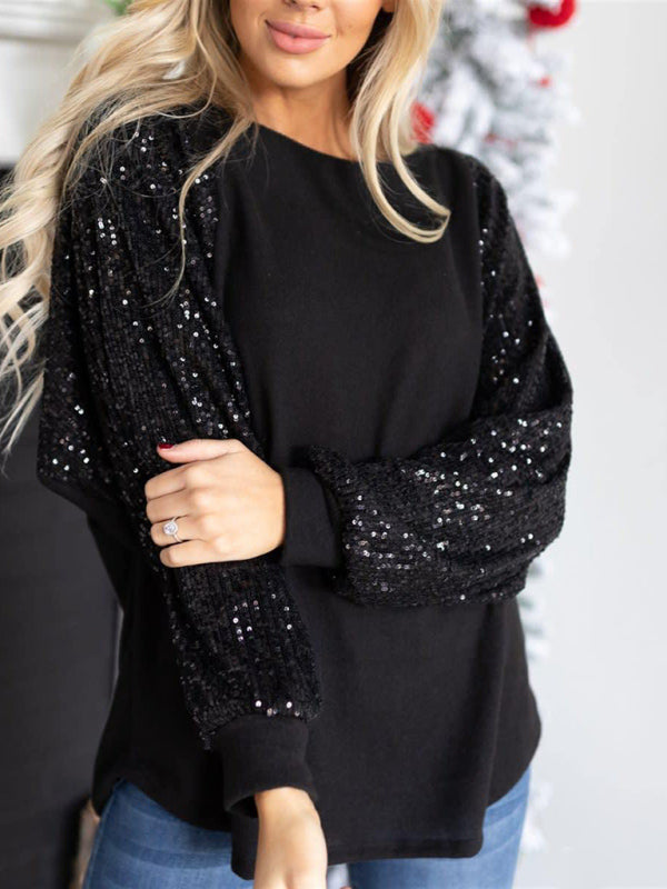 Blue Zone Planet |  Sequin Stitching Round Neck Loose Raglan Sleeve Top BLUE ZONE PLANET