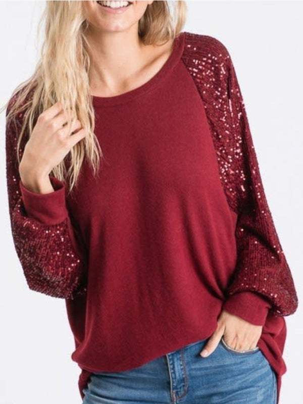 Blue Zone Planet |  Sequin Stitching Round Neck Loose Raglan Sleeve Top BLUE ZONE PLANET
