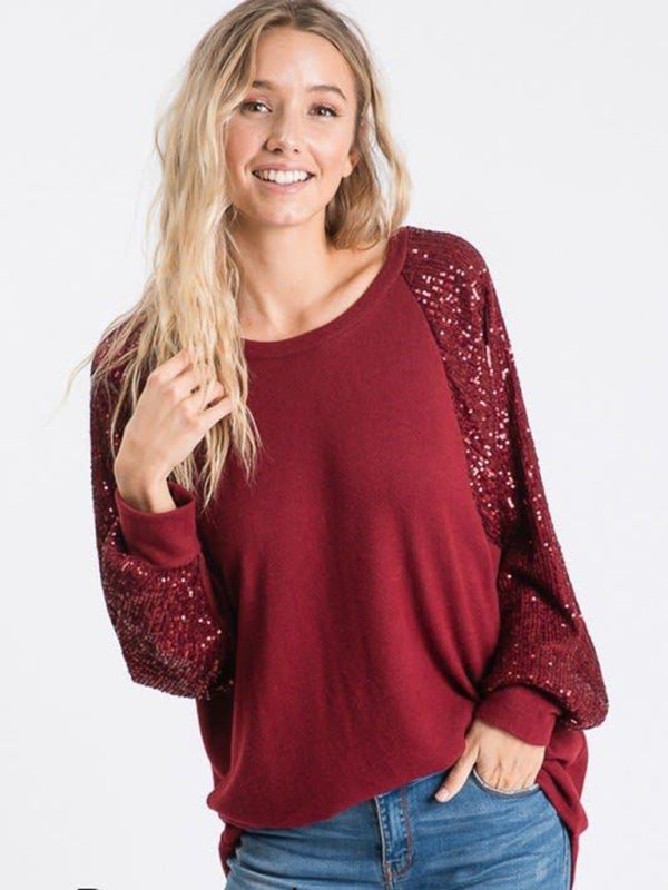 Blue Zone Planet |  Sequin Stitching Round Neck Loose Raglan Sleeve Top BLUE ZONE PLANET