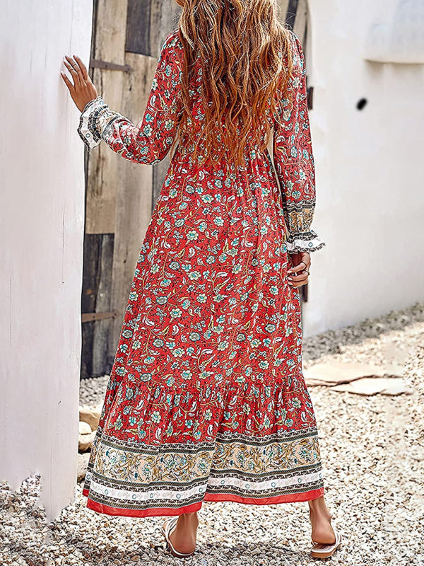 Bohemian V Neck Elastic Waist Long Sleeves Swing Long Dress kakaclo