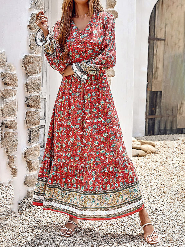 Bohemian V Neck Elastic Waist Long Sleeves Swing Long Dress kakaclo