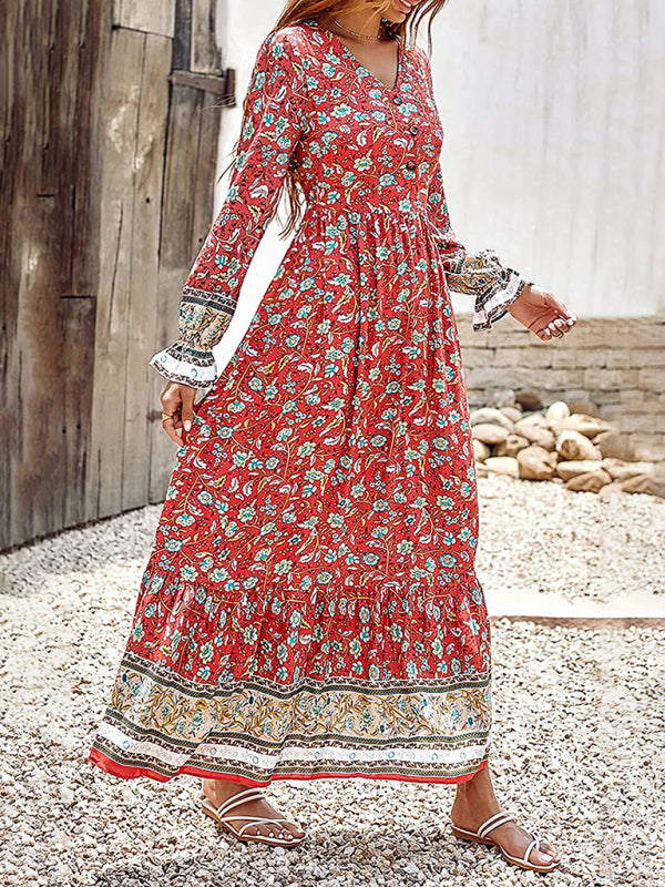 Bohemian V Neck Elastic Waist Long Sleeves Swing Long Dress kakaclo