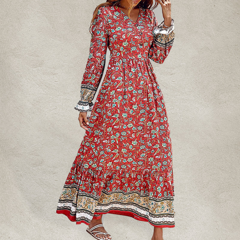 Bohemian V Neck Elastic Waist Long Sleeves Swing Long Dress kakaclo