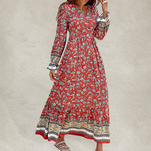 Bohemian V Neck Elastic Waist Long Sleeves Swing Long Dress kakaclo