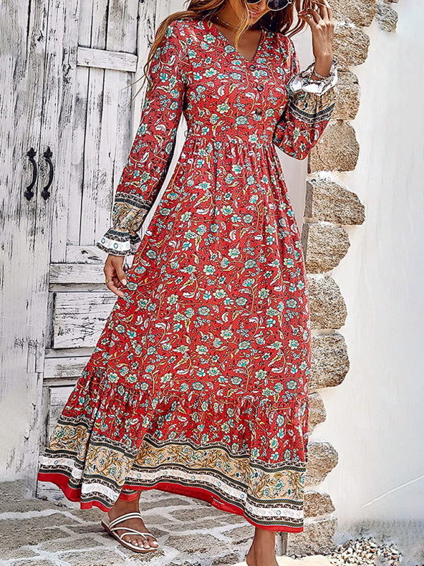 Bohemian V Neck Elastic Waist Long Sleeves Swing Long Dress kakaclo