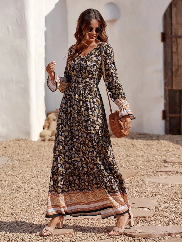 Bohemian V Neck Elastic Waist Long Sleeves Swing Long Dress kakaclo