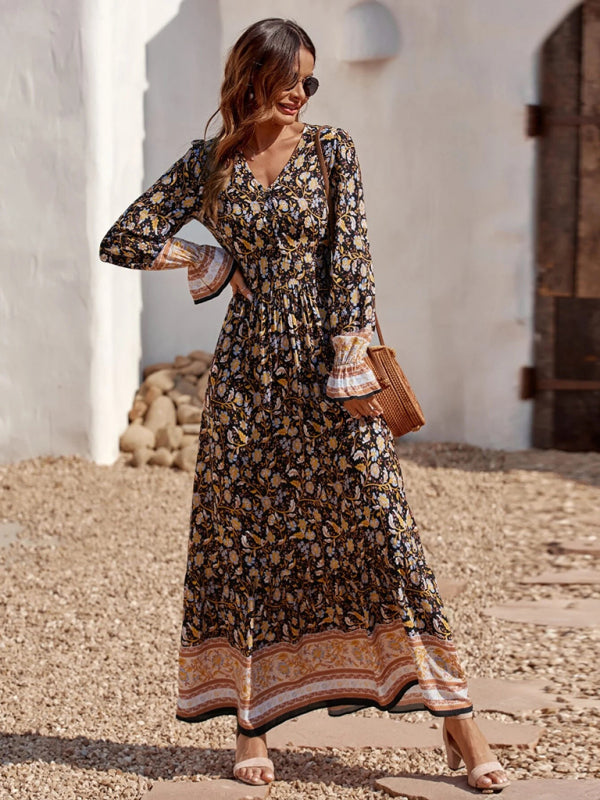 Bohemian V Neck Elastic Waist Long Sleeves Swing Long Dress kakaclo