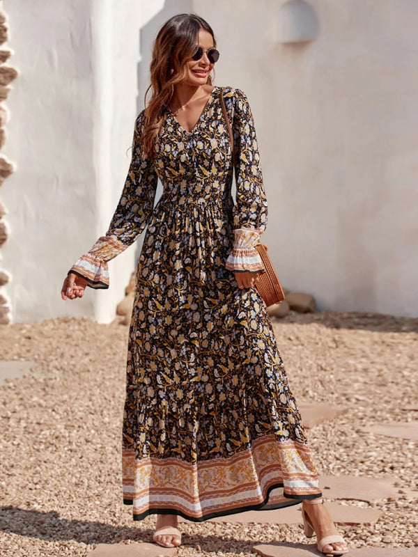 Bohemian V Neck Elastic Waist Long Sleeves Swing Long Dress kakaclo