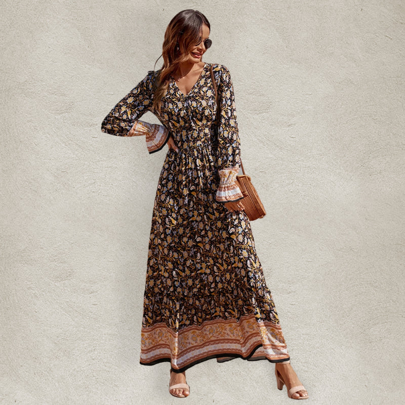 Bohemian V Neck Elastic Waist Long Sleeves Swing Long Dress kakaclo